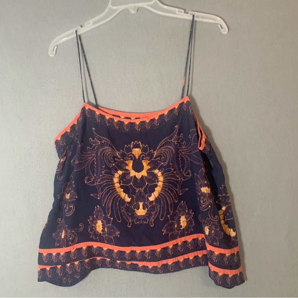 Free People Abigail top in a dark navy orange scarf print size Large - Image 2