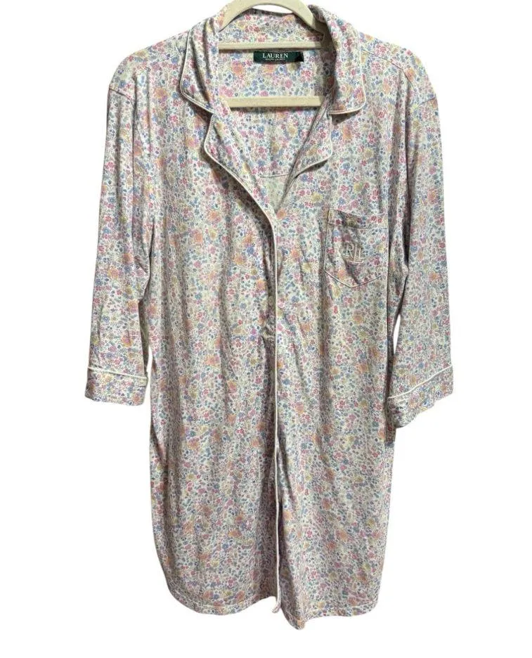 Lauren Ralph Lauren White Multicolor Floral Embroidered Nightgown Sz L Cottage Pink Size L - Image 1