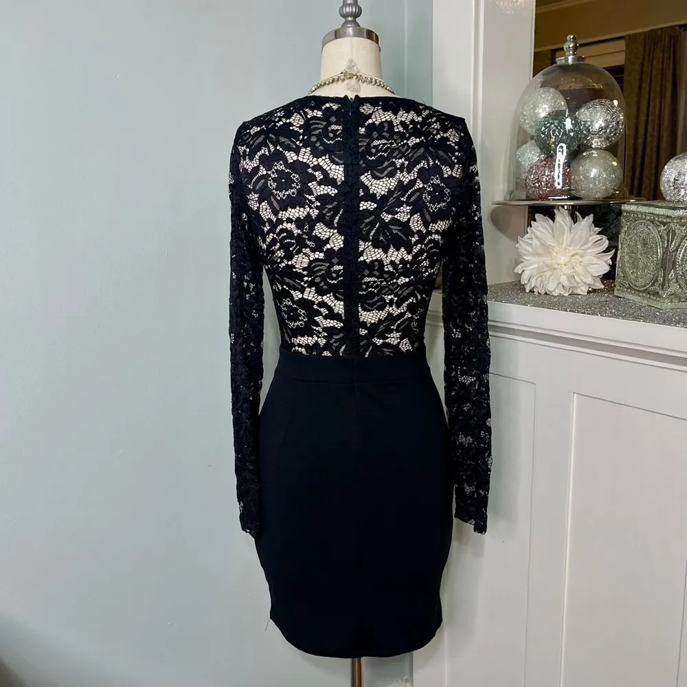 Black Lace Long Sleeve Mini Cocktail Dress Sexy Sheer Lace Dress Medium - Image 7