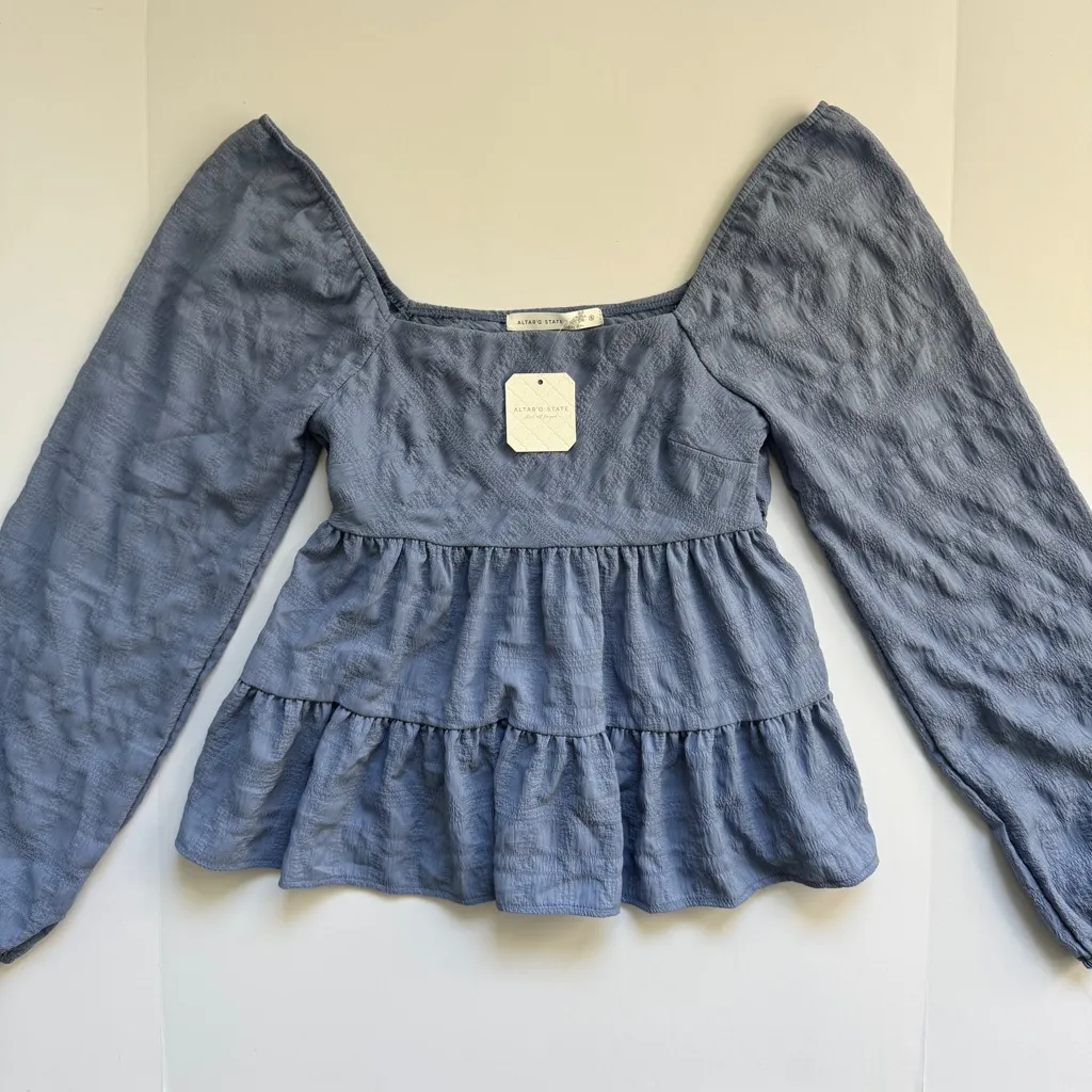 Altar'd State Blue Meadow Tiered Peplum Blouse Size Small NWT - Image 3