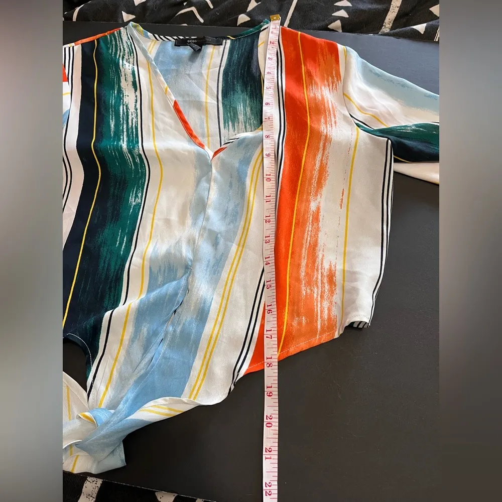 BCBGMAXAZRIA 3/4 Sleeve V-Neck Front Tie Colorful Boho Women’s Blouse Sz S EUC - Image 8