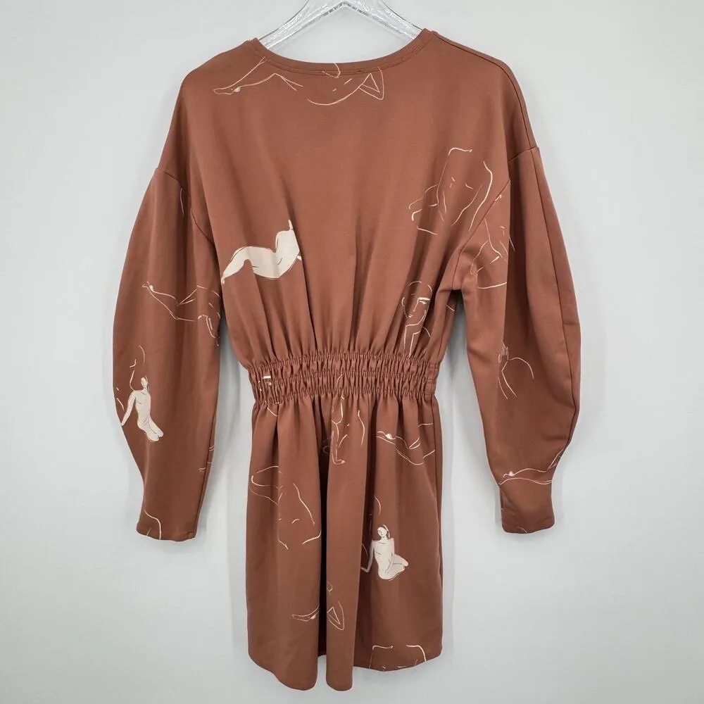 Zara Matisse dress M balloon sleeve impressionist all over print women brown - Image 3