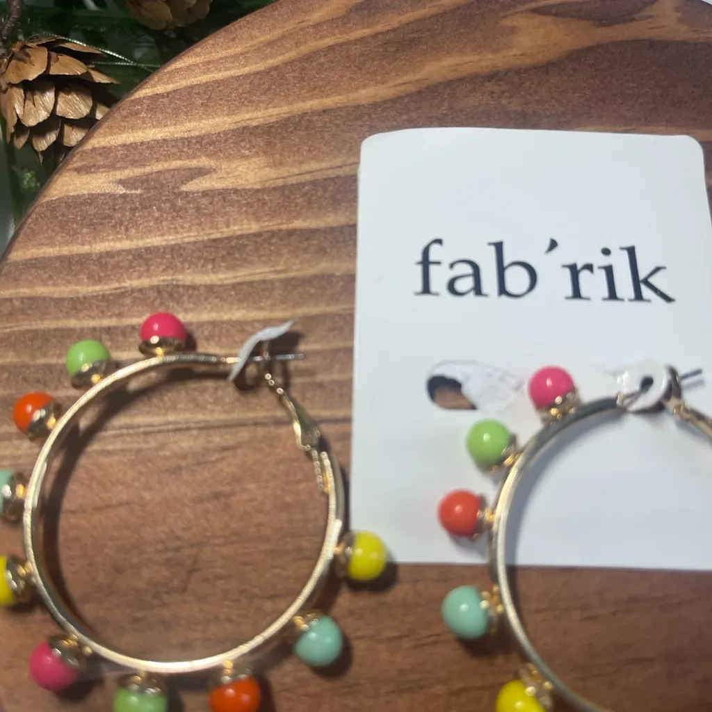fab'rik Gold Hoop Earrings with Multicolored Beads - Image 2