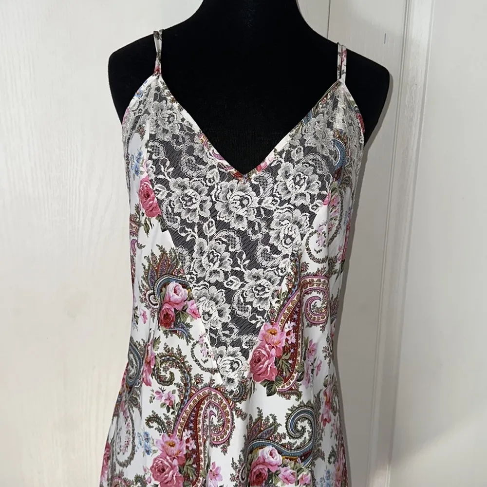 80s VTG GOLD LABEL PAISLEY ROSE LINGERIE SLIP DRESS SEXY LACE White Size M - Image 2