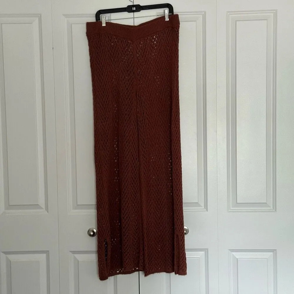 Wild Fable Crotchet Knit Brown Sparkly Wide Leg Pants With Bottom Side Slits - Image 3