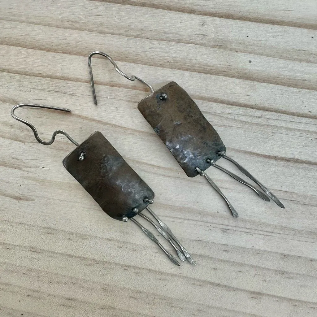 Artisan Brutalist Mixed Metal Dangle Earrings – Hand - Image 2