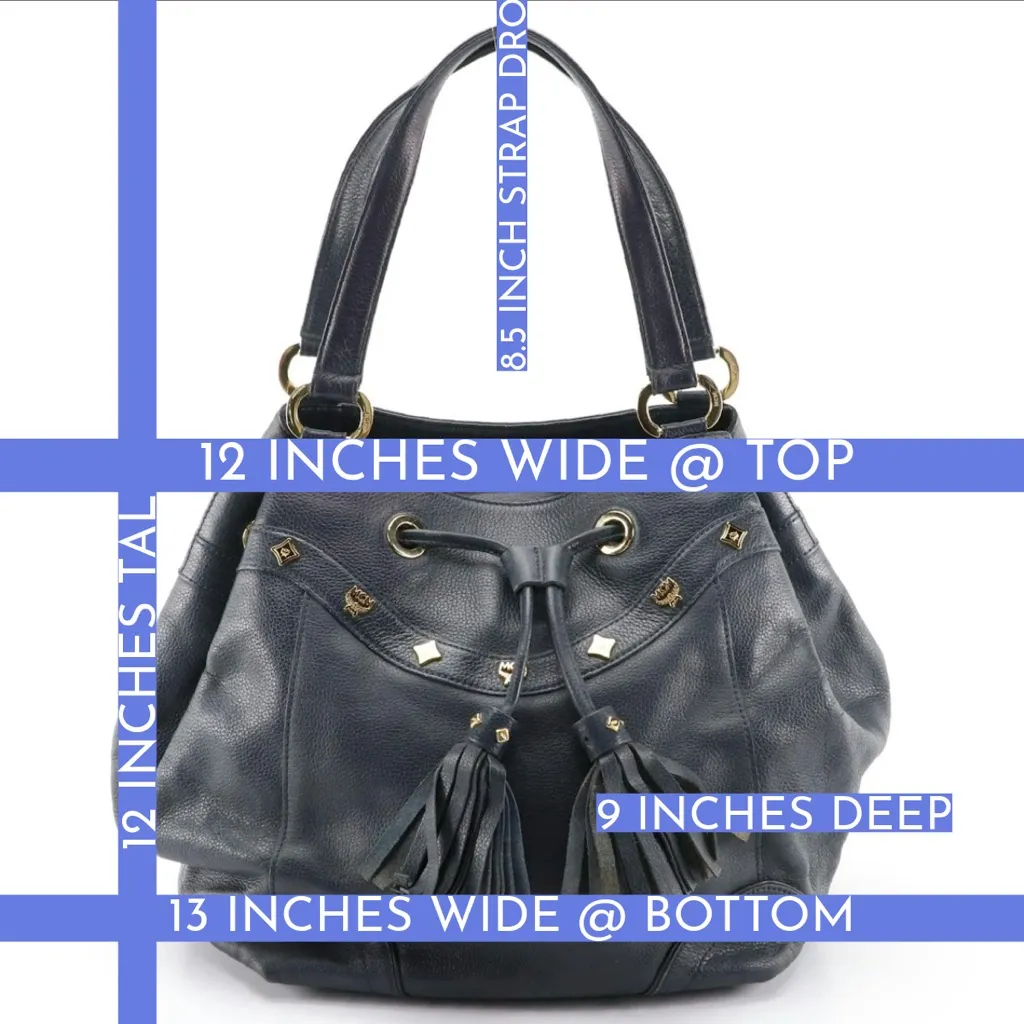 MCM  BLUE LEATHER DRAWSTRING TOTE BAG WITH TASSEL & STUD DECORATIONS - Image 13