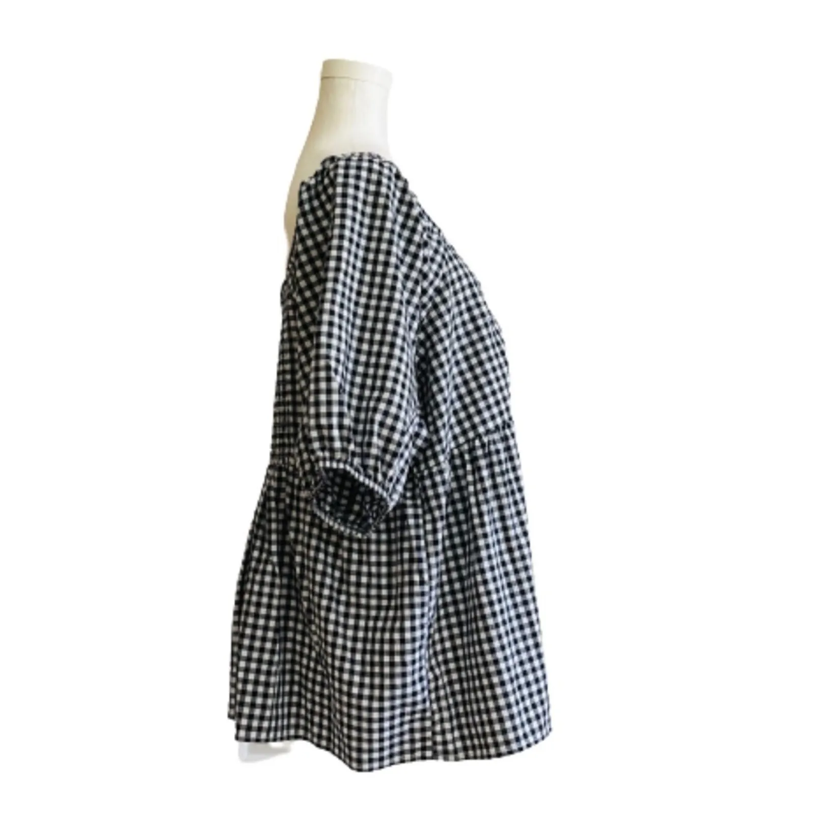 Terra & Sky Top Navy White Gingham Cotton Smocked Short Puff Sleeve Plus 1X NEW - Image 5