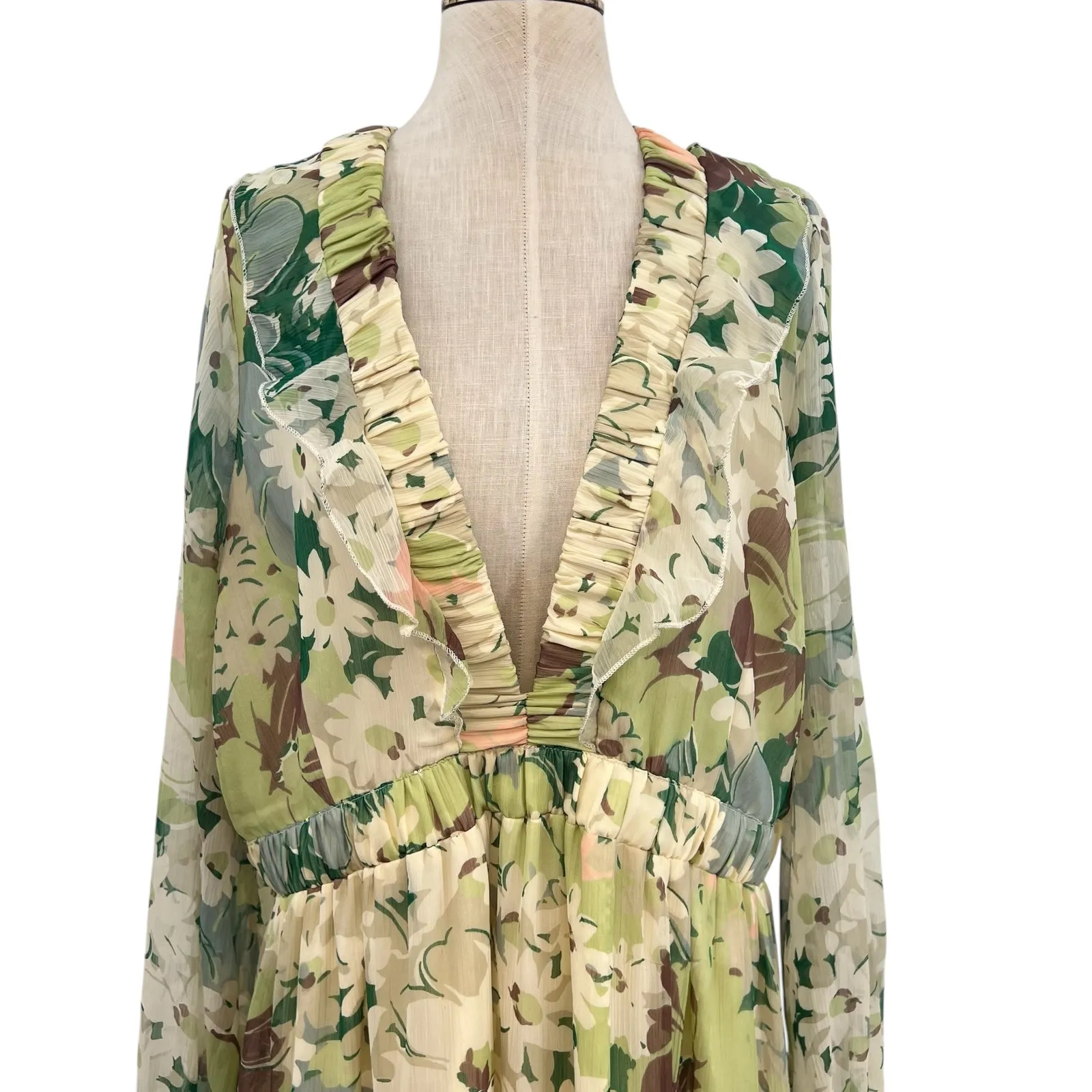 Asos Design Curve Tiered Ruffle Midi Dress Floral Print Cream Green US 16 - Image 4