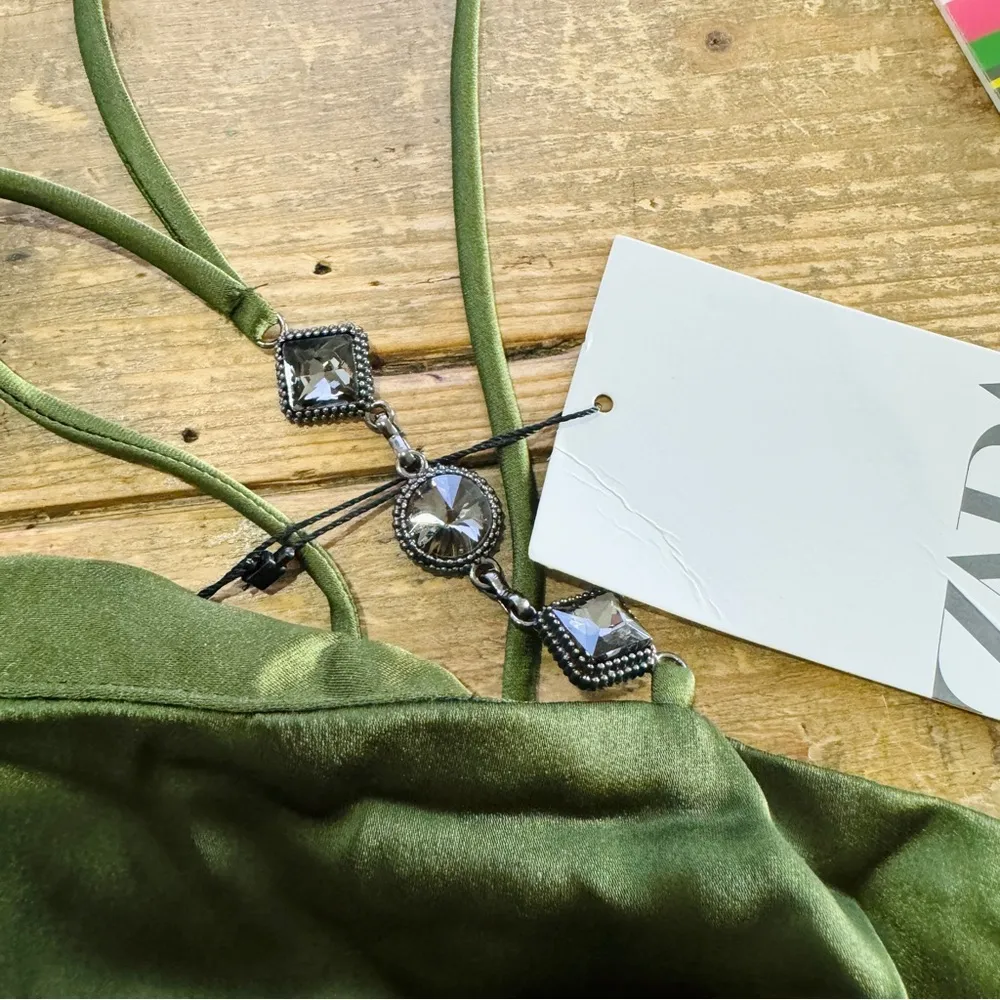 Zara green satin effect midi dress jewel straps - Image 6