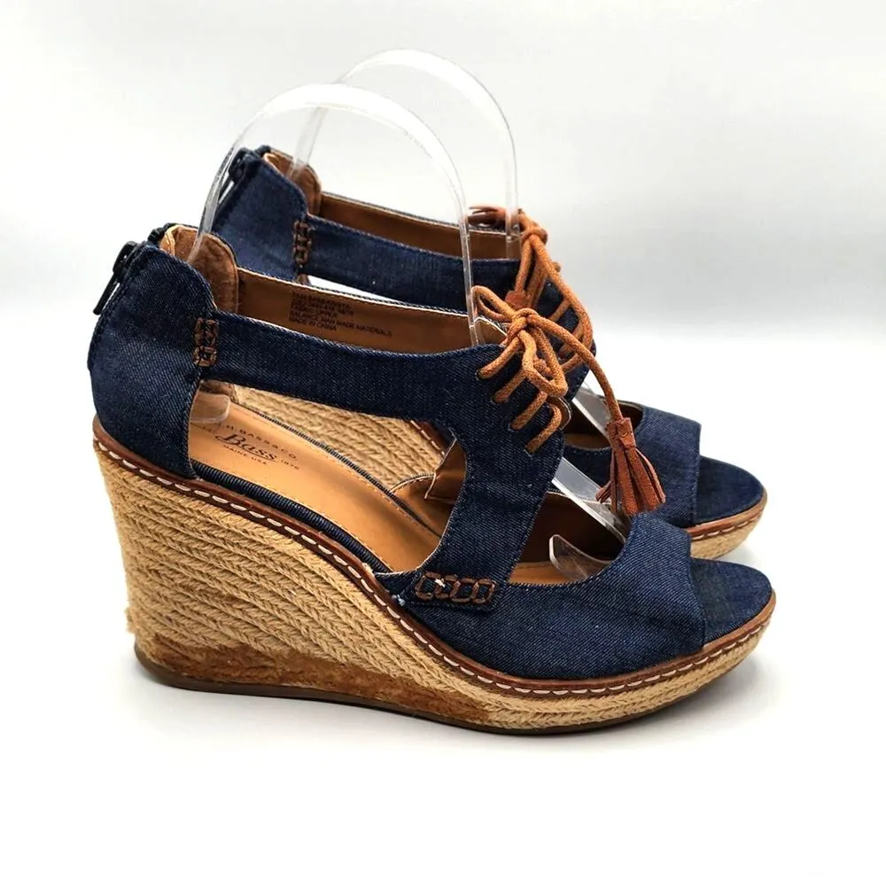 GH Bass Krista Denim Espadrille Wedge Heel Open Toe Tie Front Zipper‎ Size 7.5 Blue - Image 2