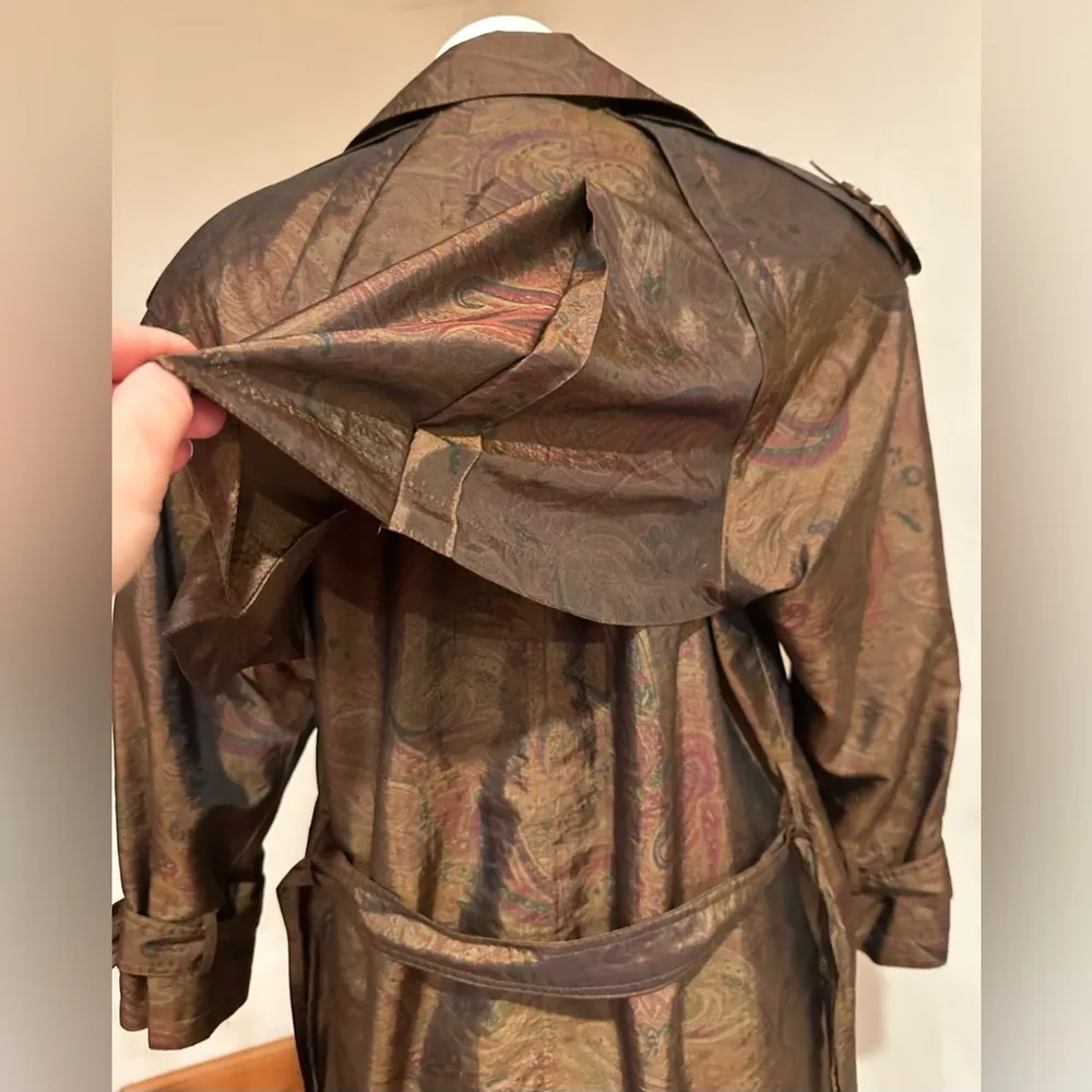 J. Gallery Double Breasted Brown/Green Metallic Paisley Trench Coat Sz 7/8 P - Image 11