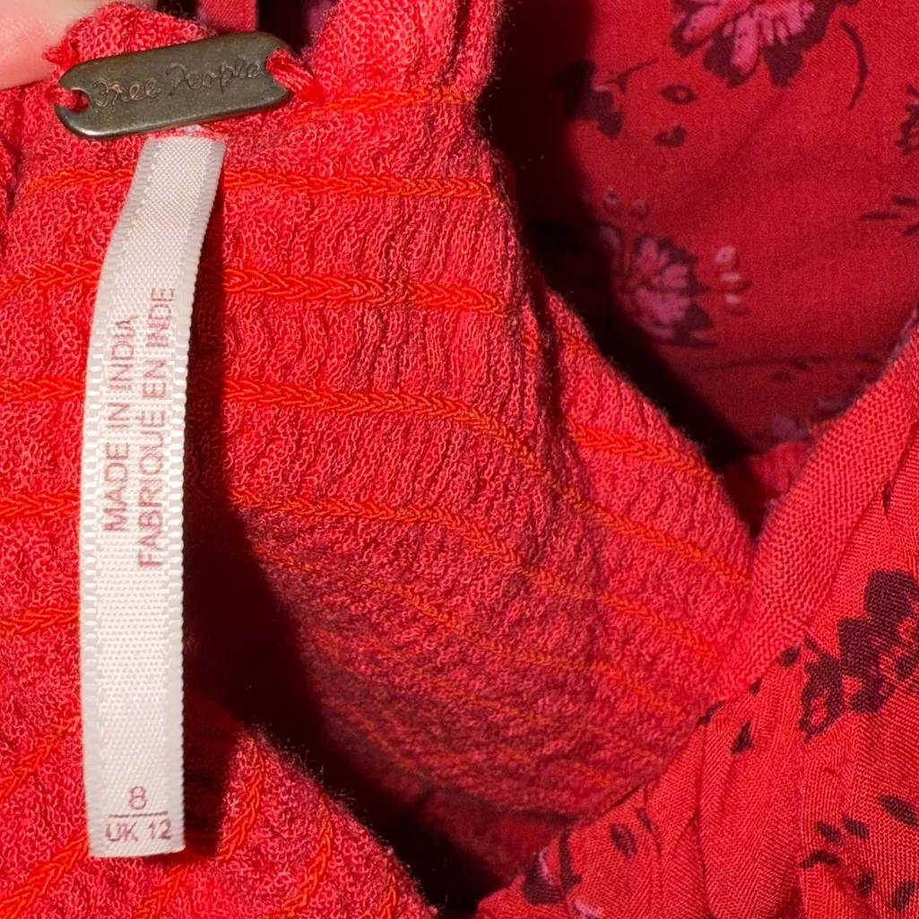 Free People Bijou Skirt‎ Set Cherry Red Floral 2 Pc Smocked Back Ruffle Sz 8 - Image 6