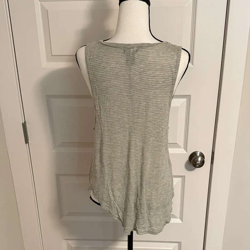 Wet Seal| Casual Striped Olive and White Striped Tank Top with Palm Tree Accent - Image 4