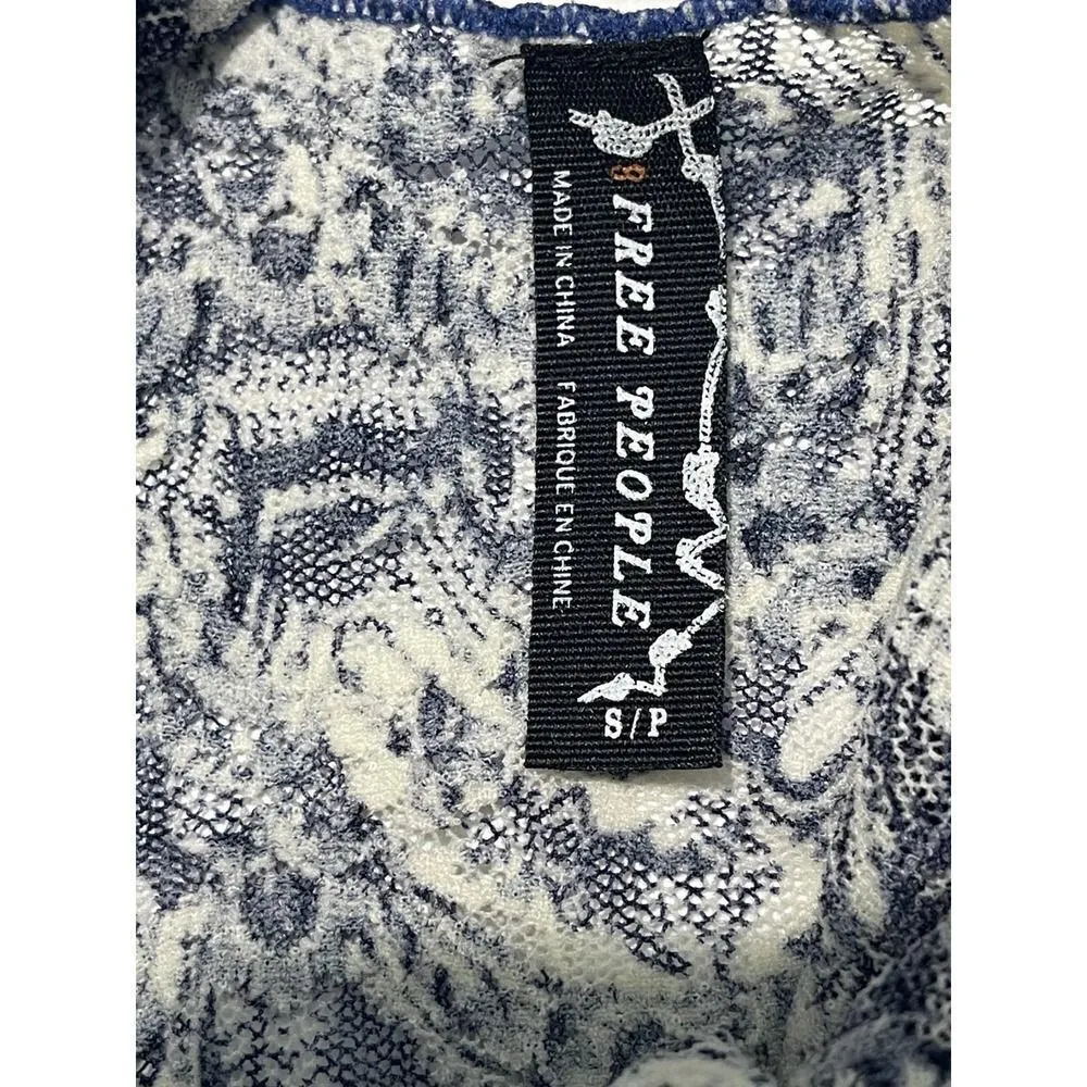 Free People Sheer Lace Printed Long Tank Top Lettuce Hem‎ Sleeveless Blue Small - Image 2