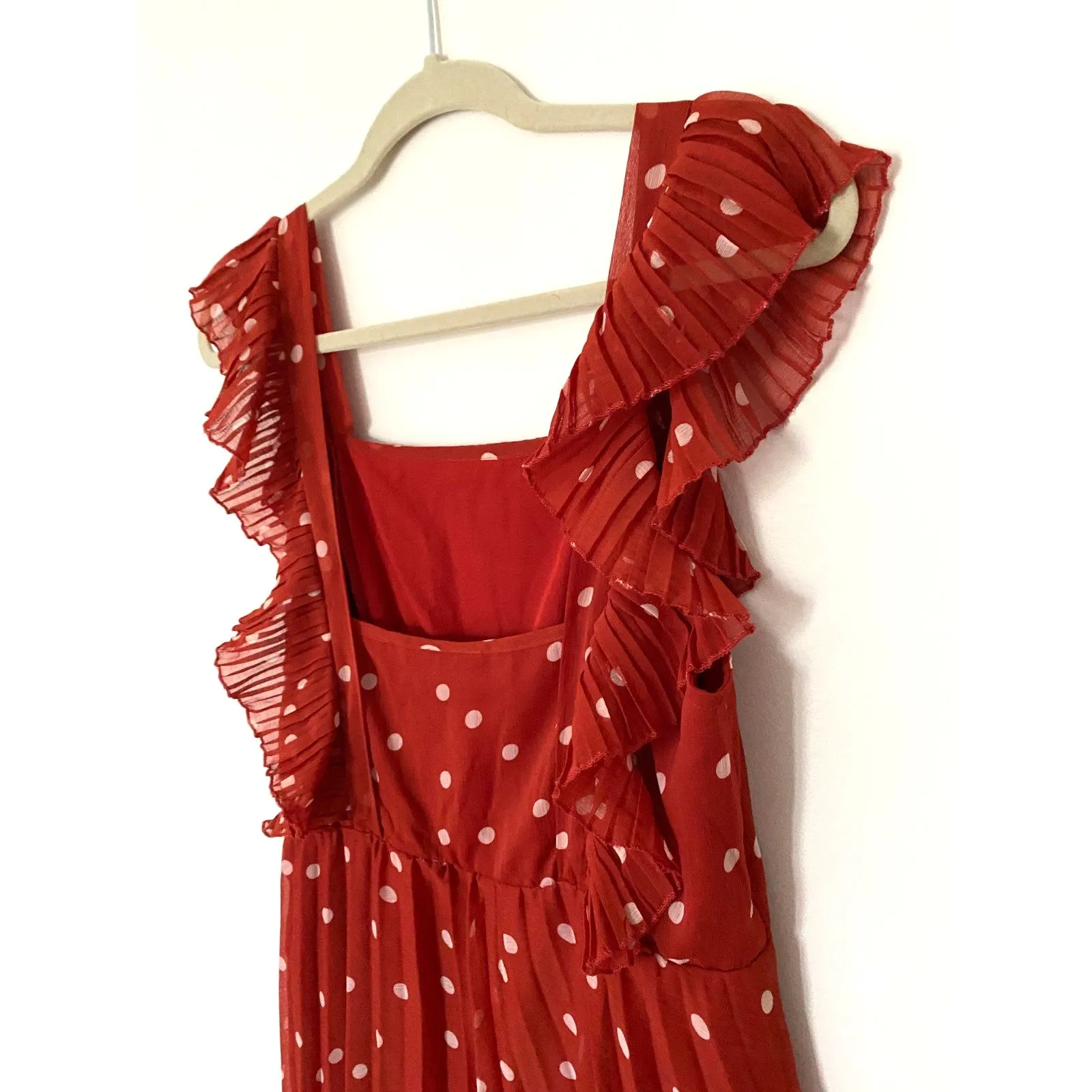 ASOS DESIGN Rust Polka Dot Pleated Skater Midi Dress Square Neck Side Zip Sz 10 - Image 6