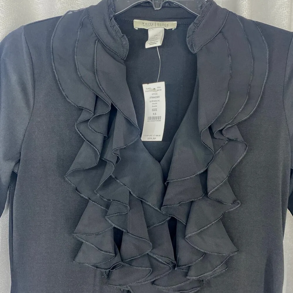 White House Black Market NWT Black V-neck 3/4 Sleeves Ruffles sz XS - Image 2