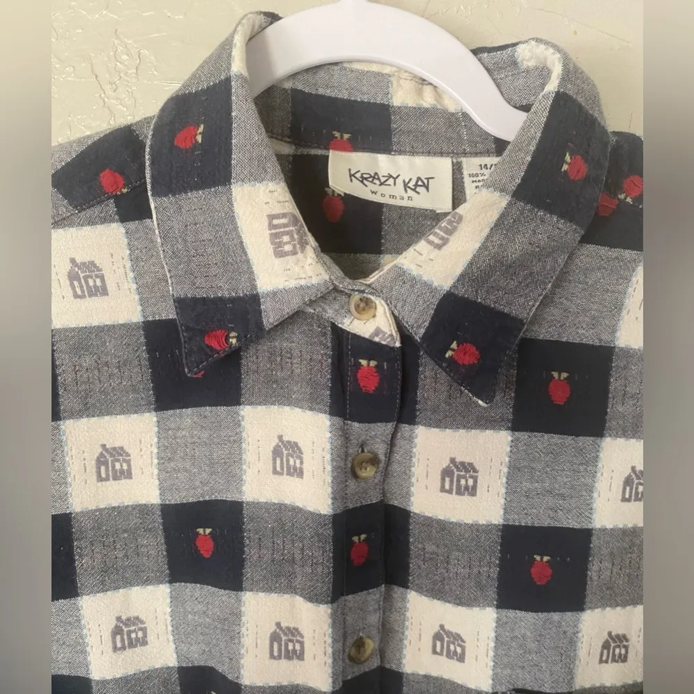 Krazy Kat Sz 14/16 Button Up Shirt Plaid w/ Schoolhouses & Apples Teacher Shirt - Image 2