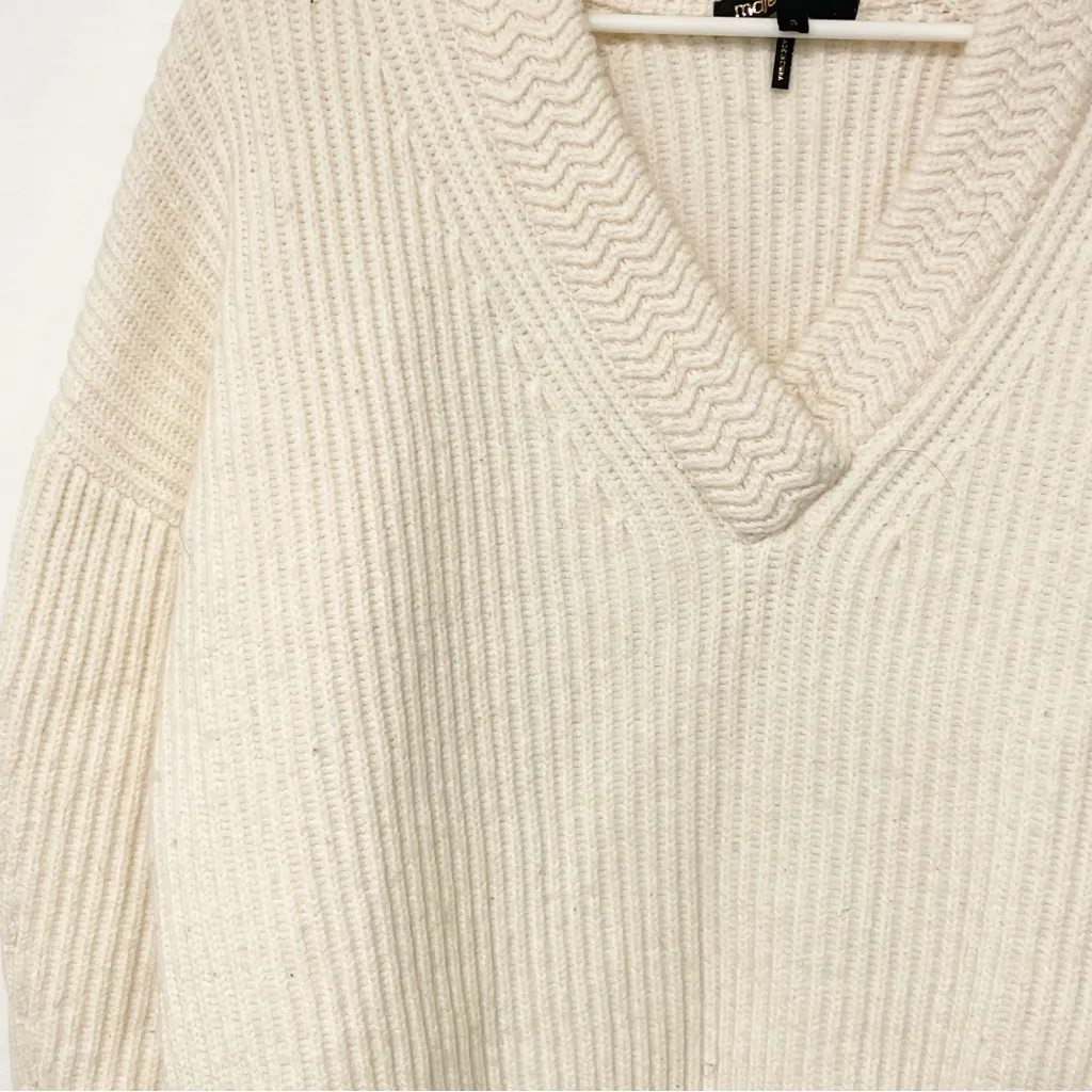 Maje Size 3/Large Cream Ribbed‎ V Neck Wool Blend Knit Sweater - Image 3