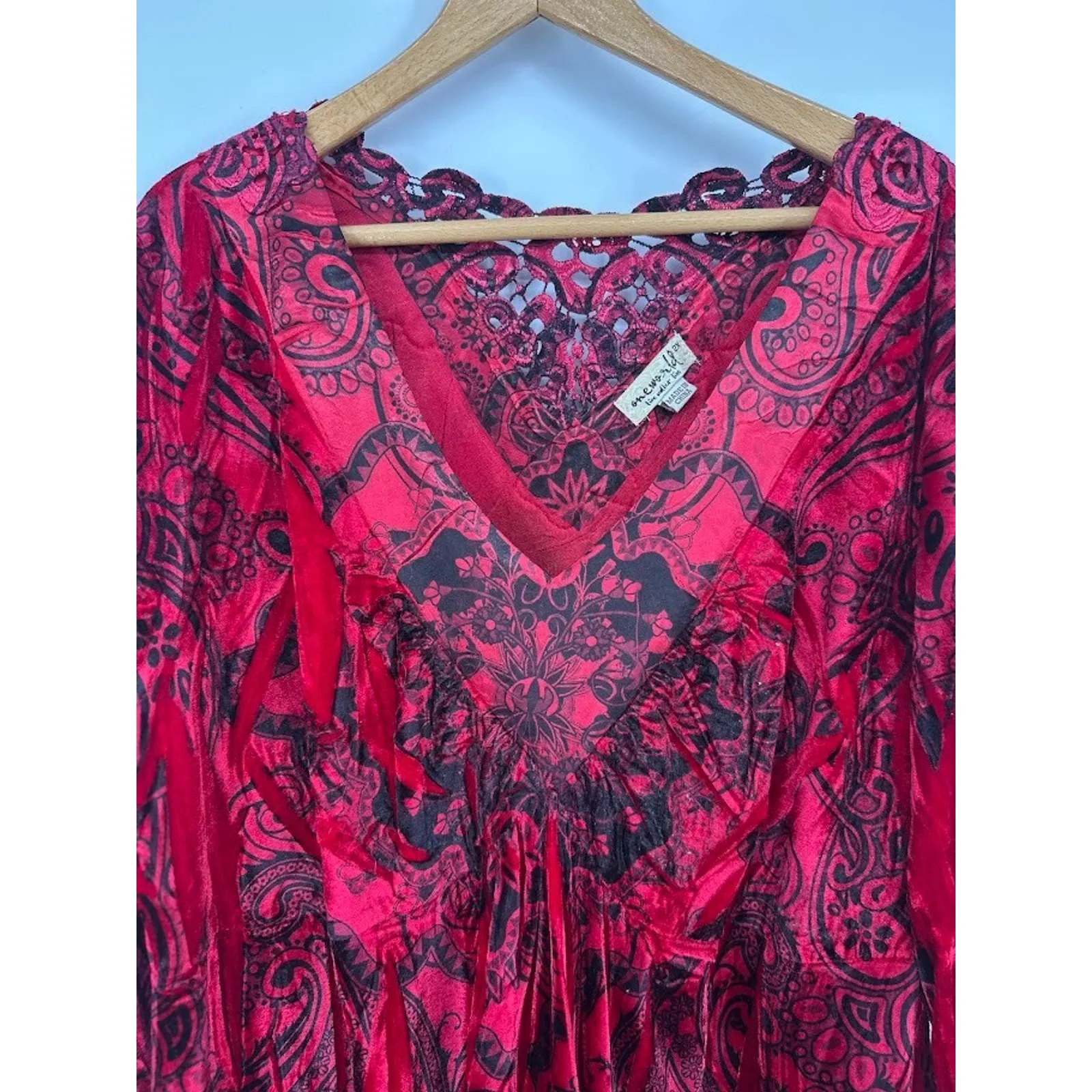 Vamp Gothic Victorian Whimsigoth Red Black Velvet Babydoll Long Sleeve Vneck 2X - Image 2