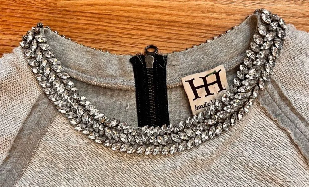 Herringbone Sweatshirt Crystal Necklace Reverse Weave Sweater sz M - Image 8