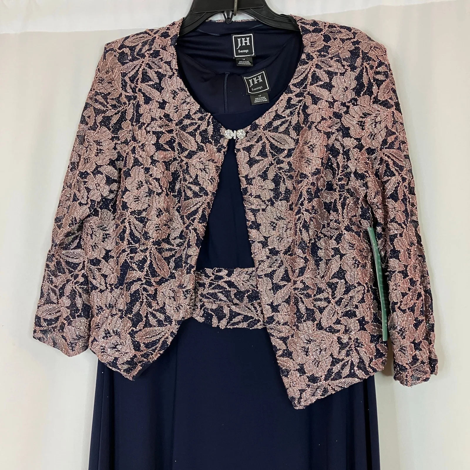 Jessica Howard Evenings | Navy Pink Sparkly Floral Jacket & Dress Set Womens 14 - Image 2