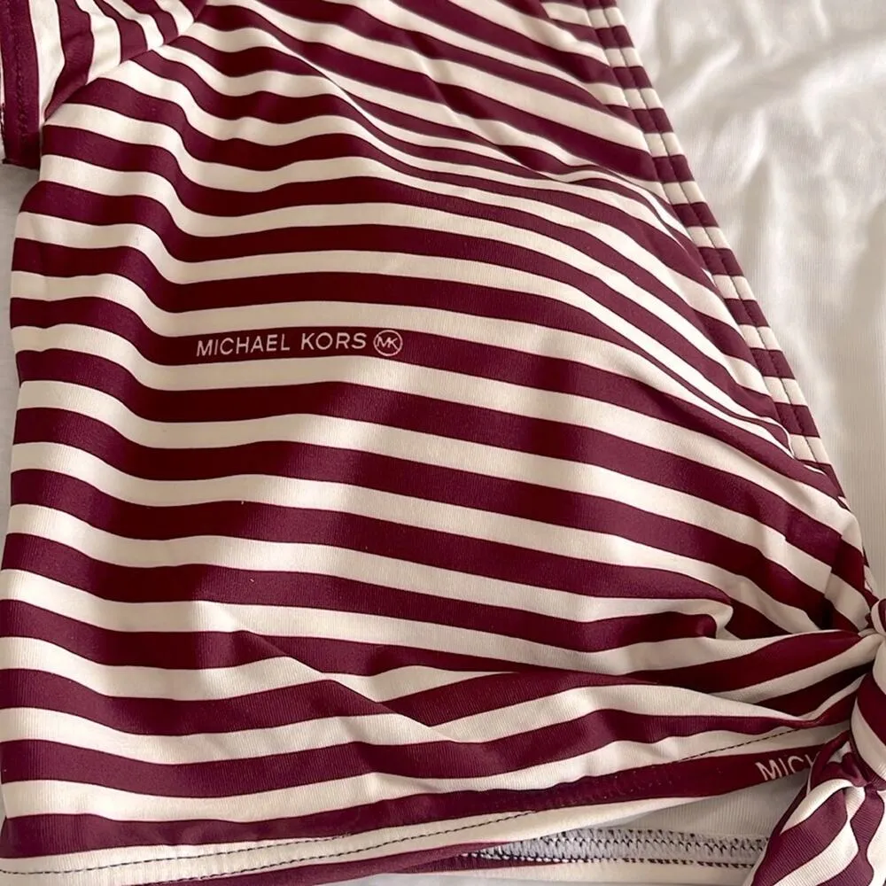 Michael Kors Bikini Shirt Medium Ruby Stripe Tye Front Plunging Neck Padded Cups - Image 3