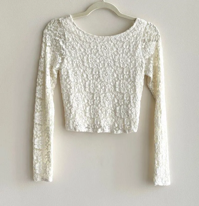 Abercrombie & Fitch Lace Long Sleeve Cropped Open Back Blouse, Size Small - Image 2