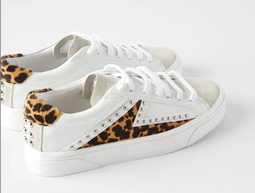 White & Gray Suede Silver Stud Leopard Print Women Shoes 36 / 6 - Image 2