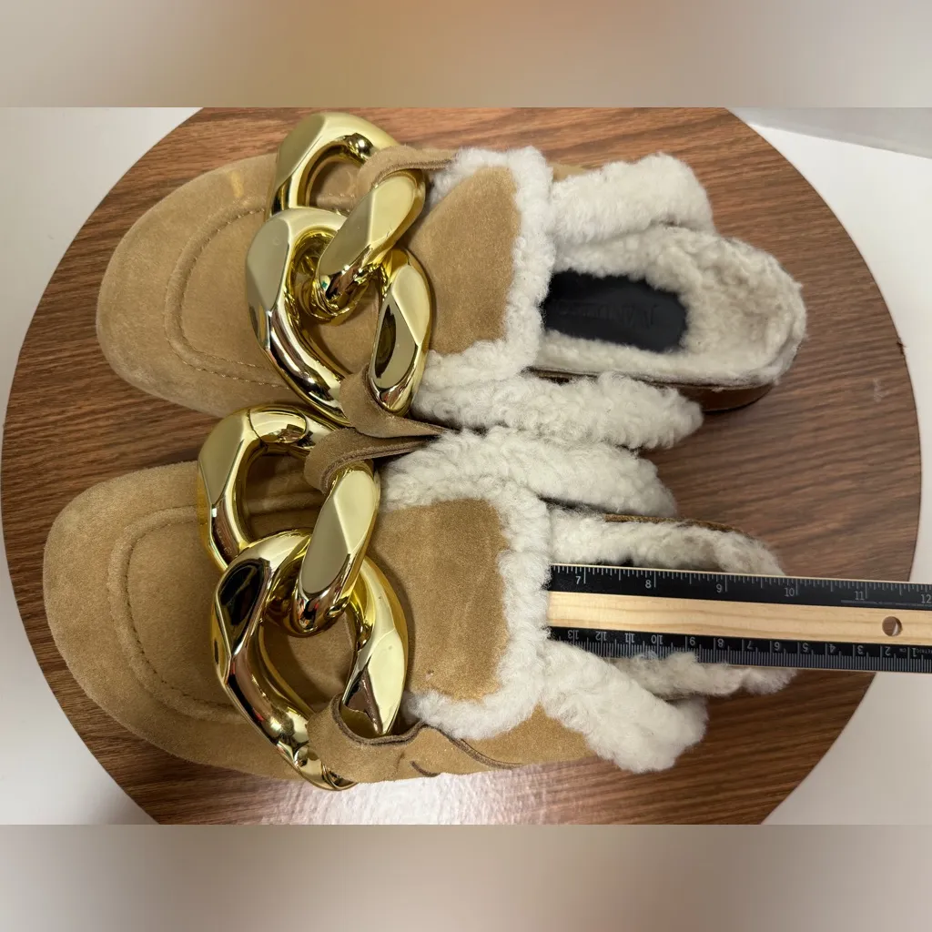 JW Anderson Beige Lamb Leather Shearling Chunky Gold Chain Loafer Clog Mules Tan Size 10 - Image 10