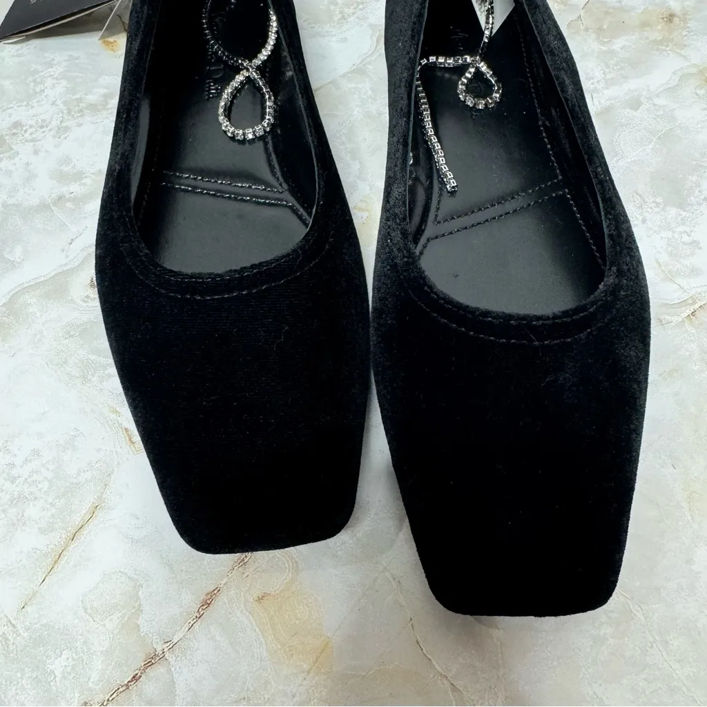 NWT Massimo Dutti Ballet Flats Square Toe Rhinestone Ankle Strap Black Velvet 5 - Image 3