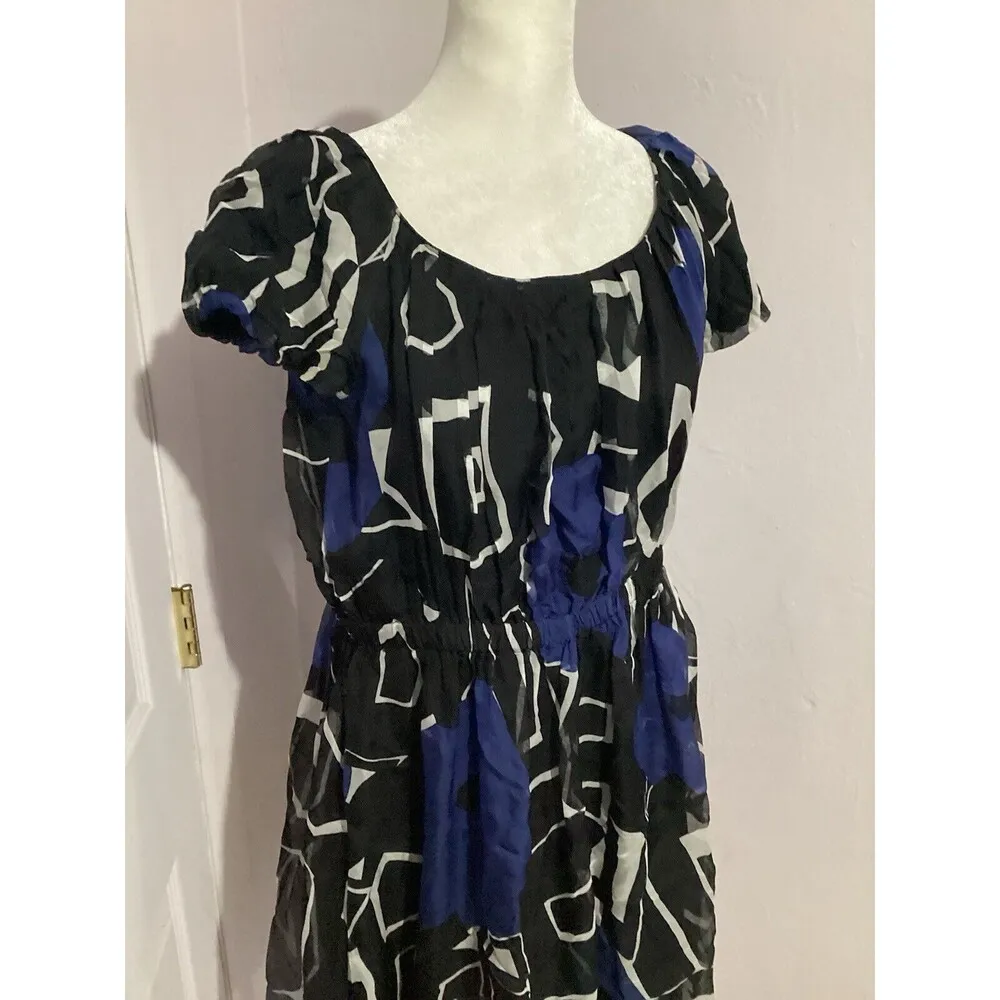 Theory Blue Black Silk Bubble Skirt Career Cocktail Mini Dress Short Sleeve S - Image 2