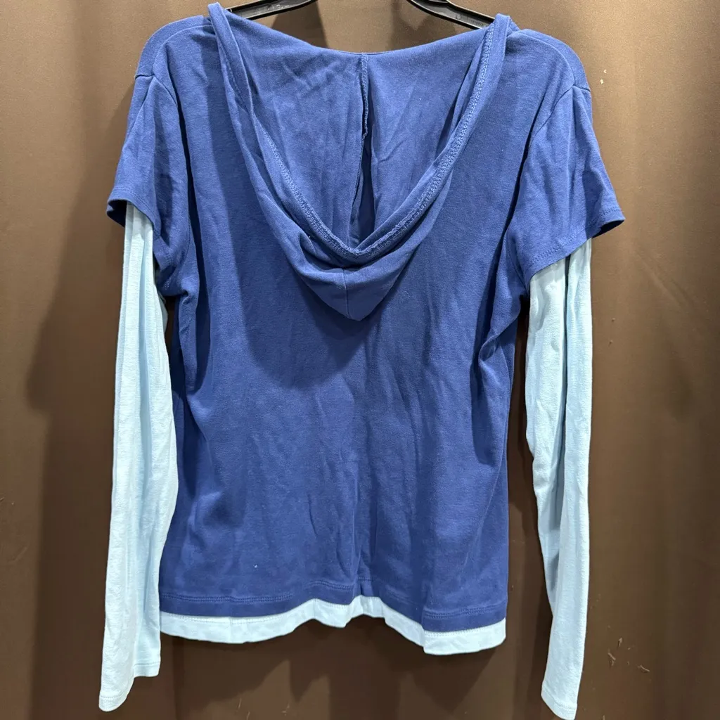 90s Y2K Fashion Bug Blue & Light Blue Layered Look Hooded Long Sleeve Butterfly - Image 2