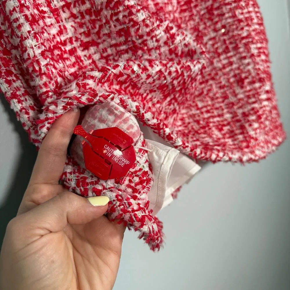 Sandro Paris Red White Tweed Mini Skirt FR 42 US 10 Bouclé Holiday Workwear - Image 10
