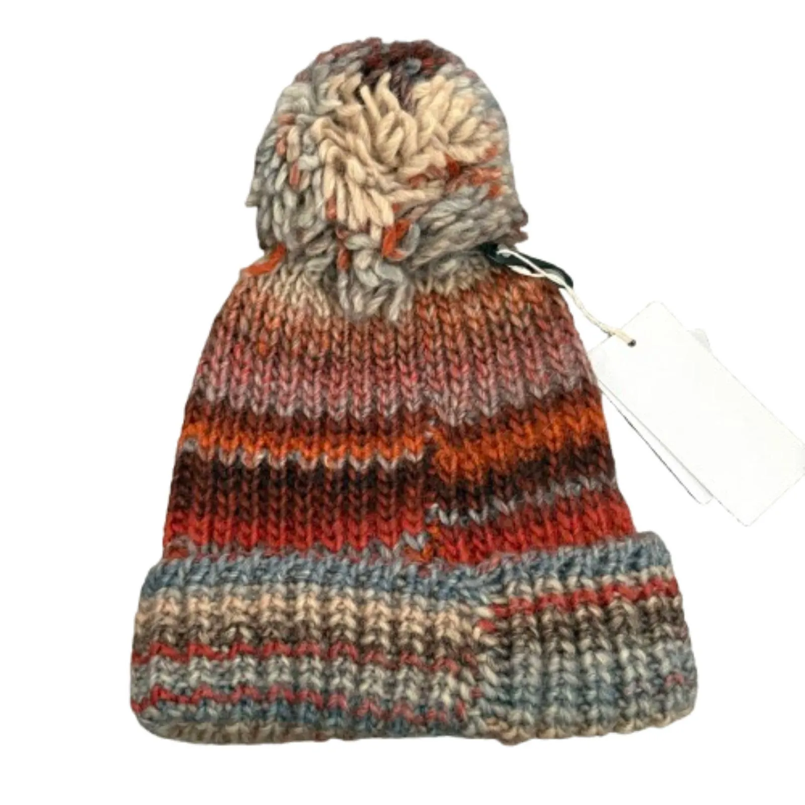 NWT Dillard's PomPom Beanie Wool Blend Stripe Knit Made in Italy Fall Earthy Orange - Image 2