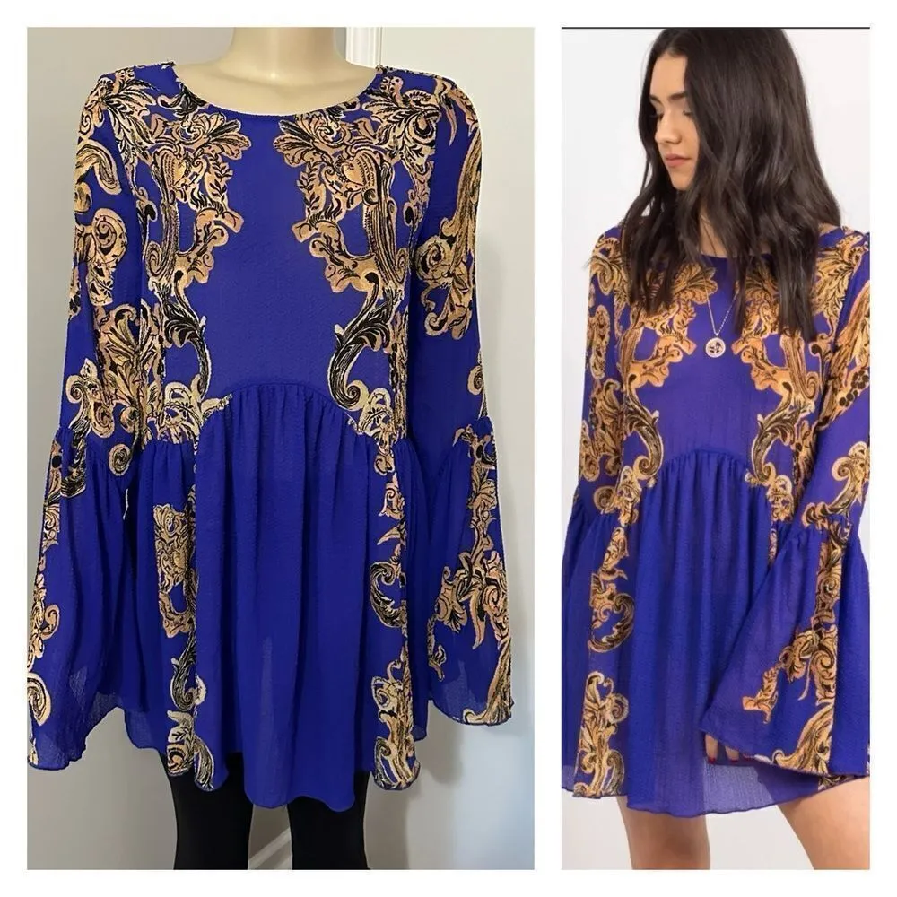 Free People Intimately Size Small Royal Blue Gold Sheer Dress Cover Up Oversized - Image 2