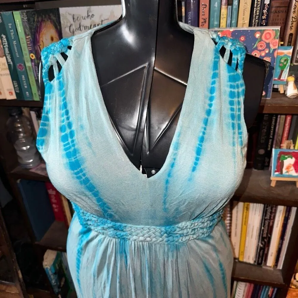 Sundance tie dye boho strapless S knit travel maxi dress Blue - Image 2