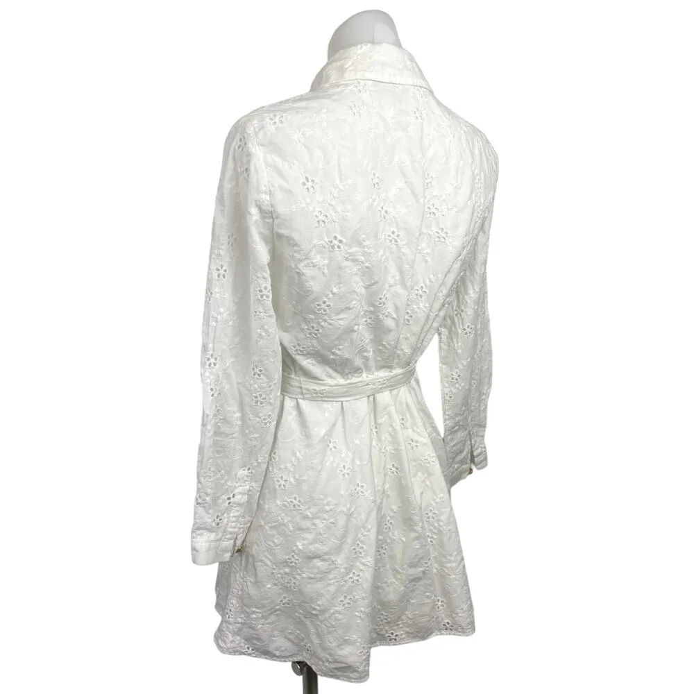 Zara White Collar Floral Eyelet Lace Long Sleeve Belt Mini Shirt Dress Size M - Image 2