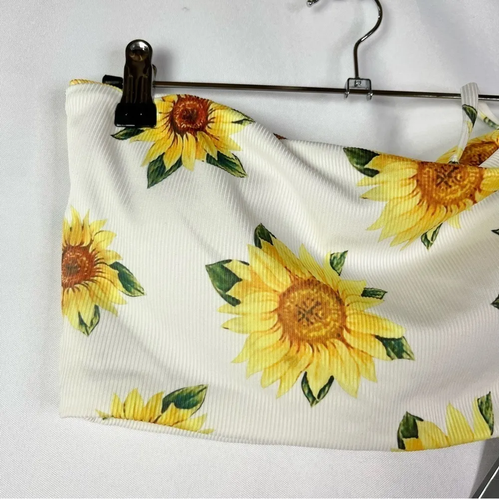 Zaful White & Yellow Sunflower Strapless Bandeau Swim Top M - Image 3