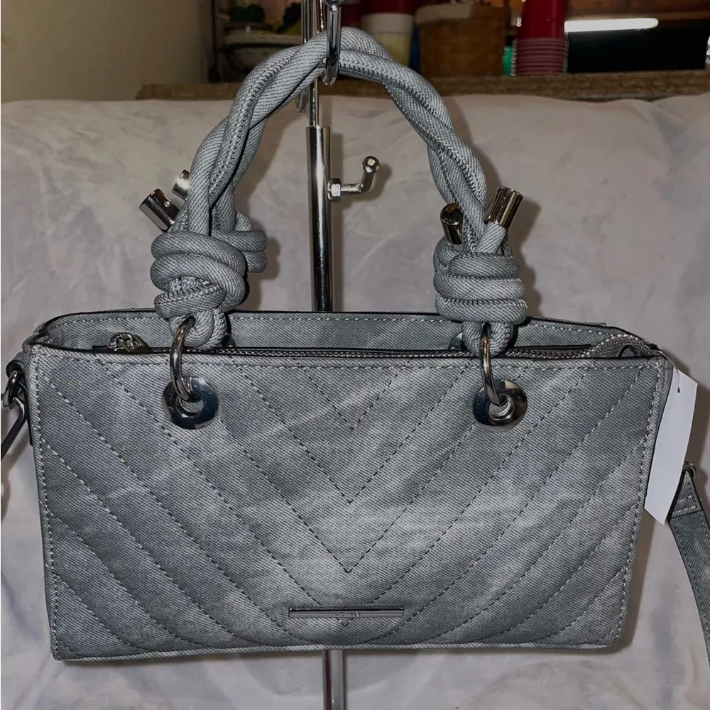 Aldo NWT Grey Quilted Washed Denim Satchel Crossbody Double Handles Faux Leather - Image 2