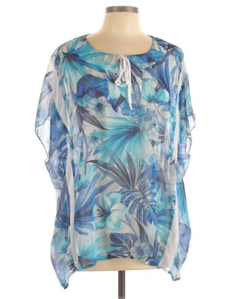 Neiman Marcus Blonde M Sheer Caftan Blue Floral Print Tie-Front Beach Vacation - Image 3