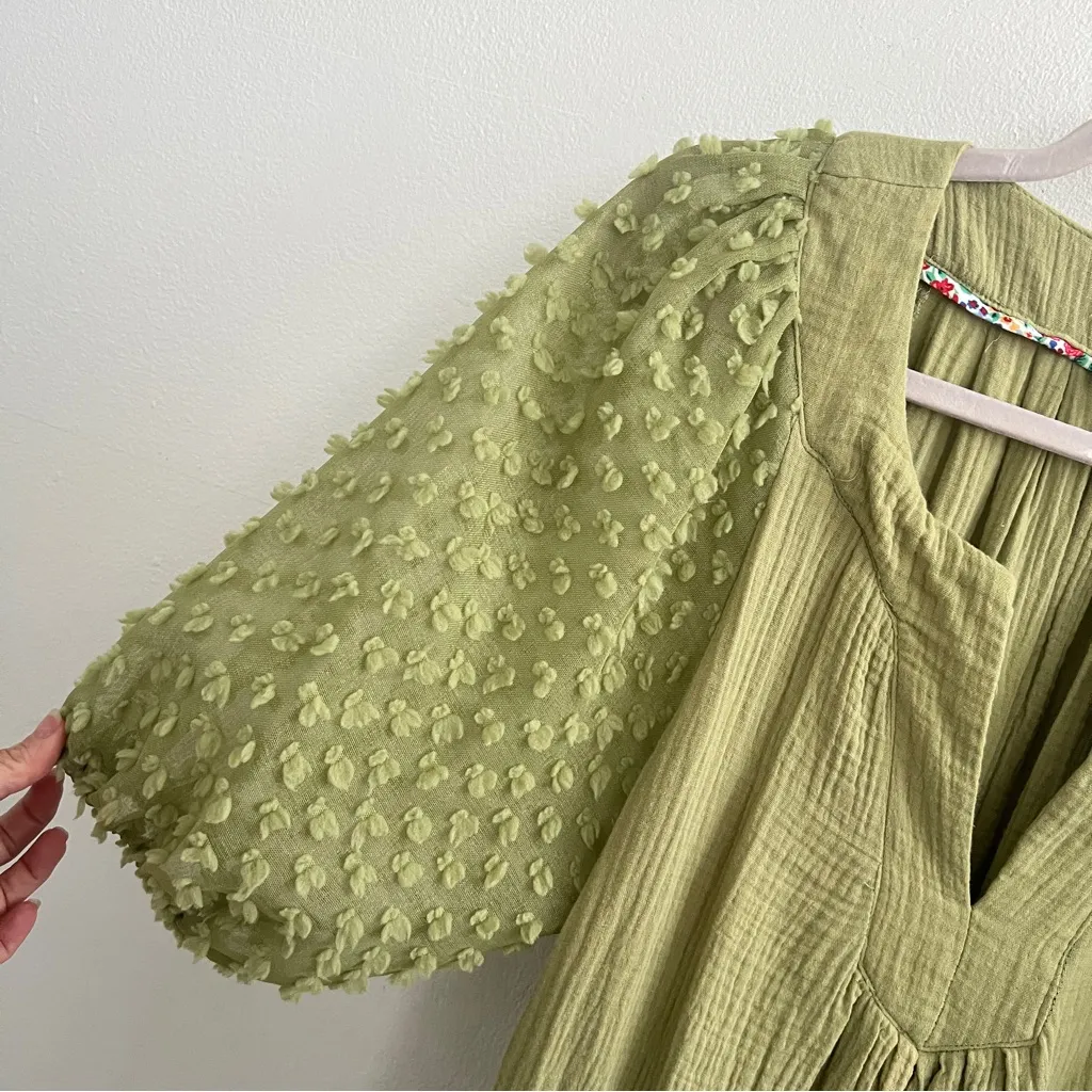 Umgee Olive Green Puff Sleeves V-Neck Textured Boho Casual Short Dress Medium - Image 4