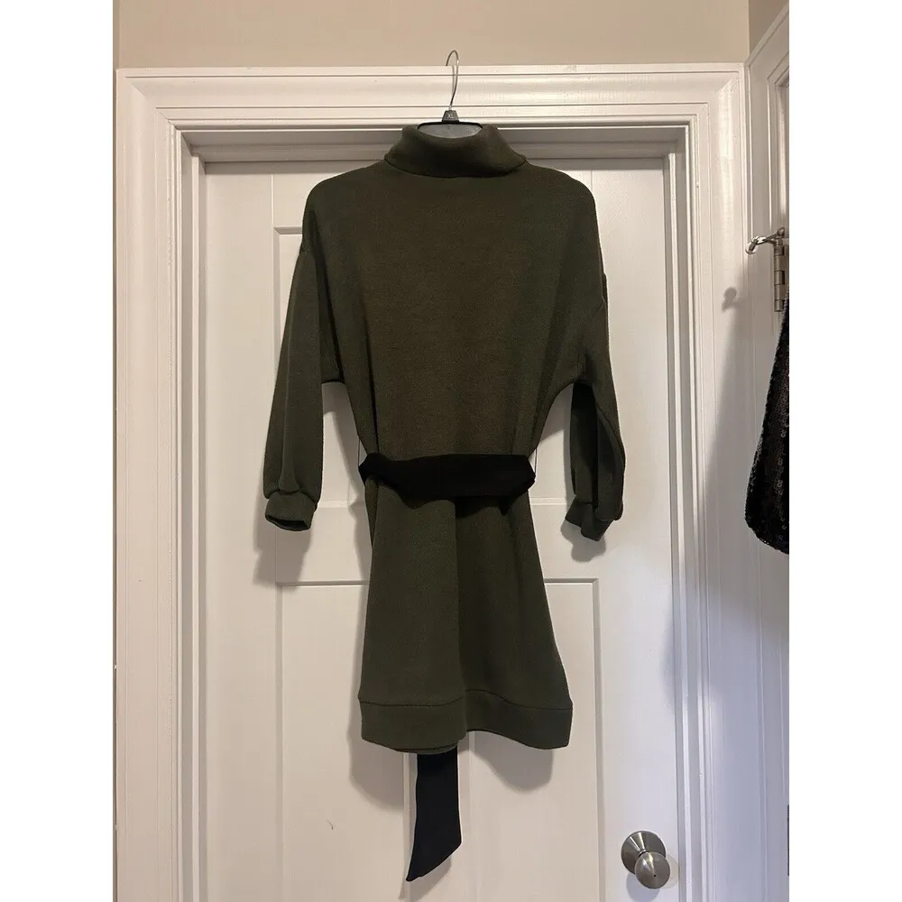 Drew Turtleneck Sweater Mini Dress Olive Green Size XS Black Tie Belt Detail - Image 6