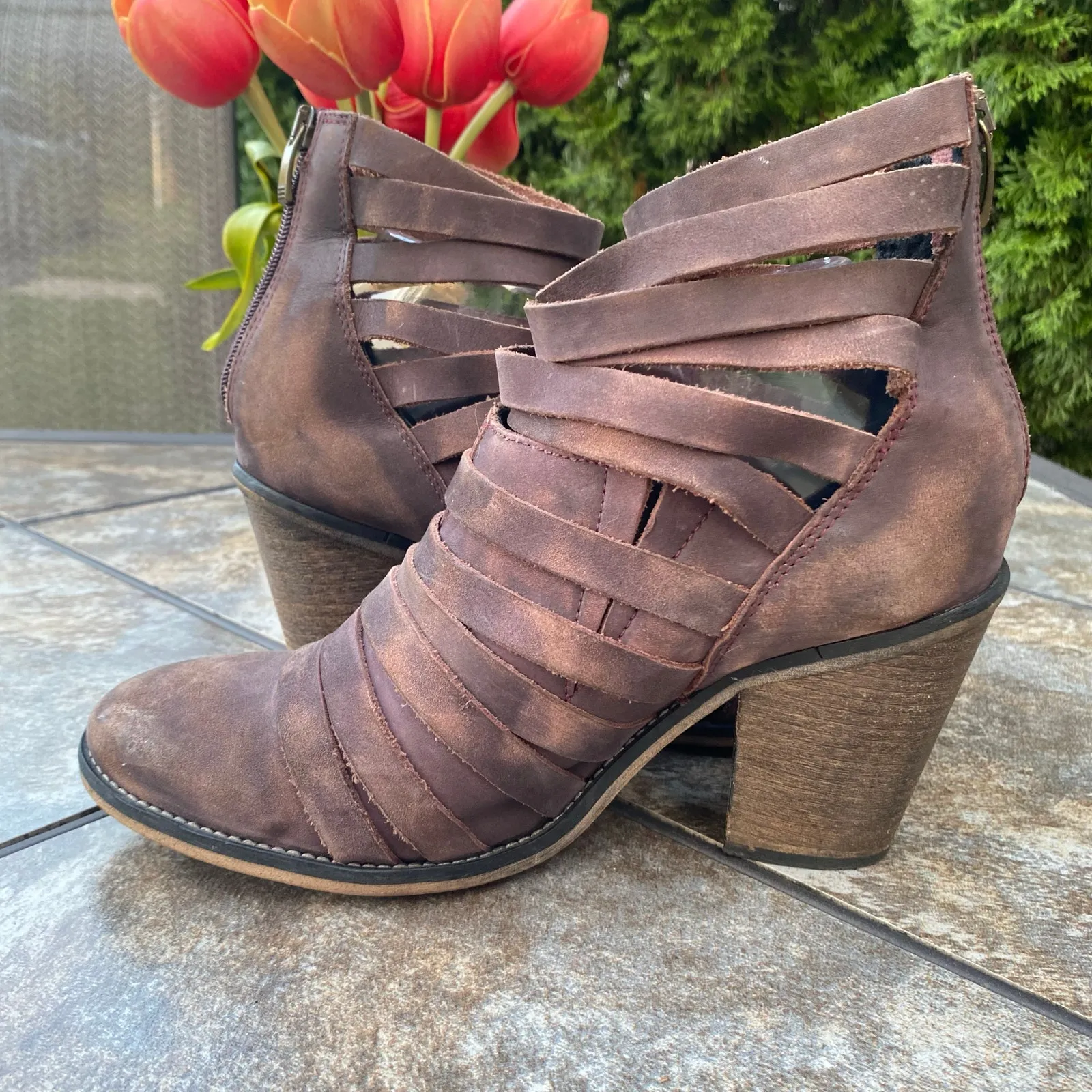 Free People Hybrid Antiqued Strappy Leather Heeled Bootie Chocolate Brown Size 9 - Image 7