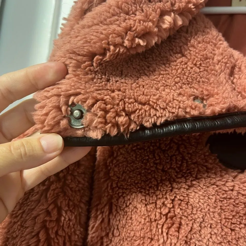 Free People Junie Teddy Jacket contrast faux leather toggle trim Rose Pink L - Image 5