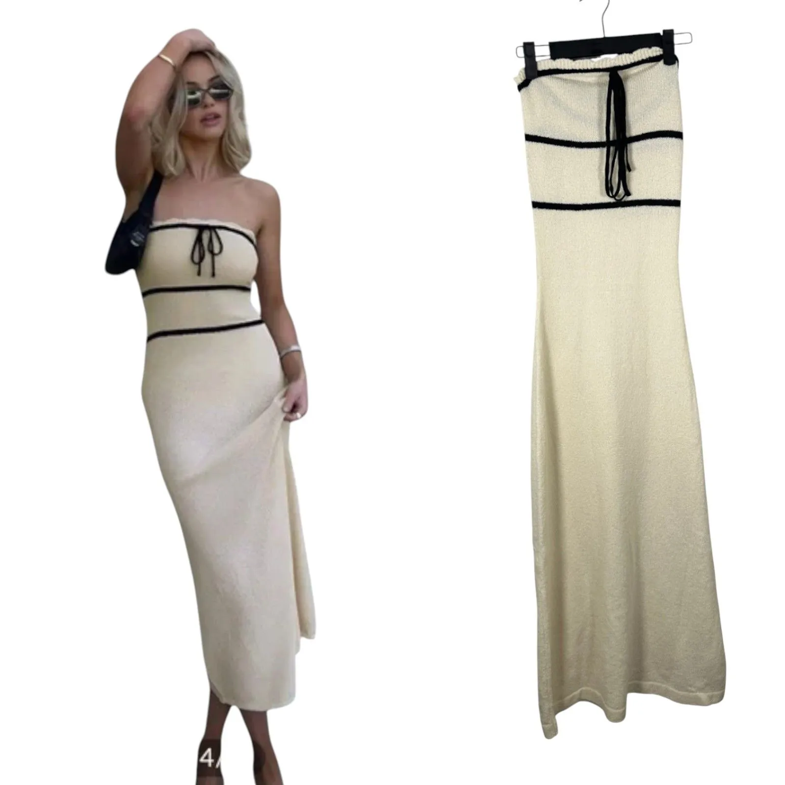 Commense Knotted Tube Midi Sweater Dress Cream Black Coquette Dress XS NEW - Image 2