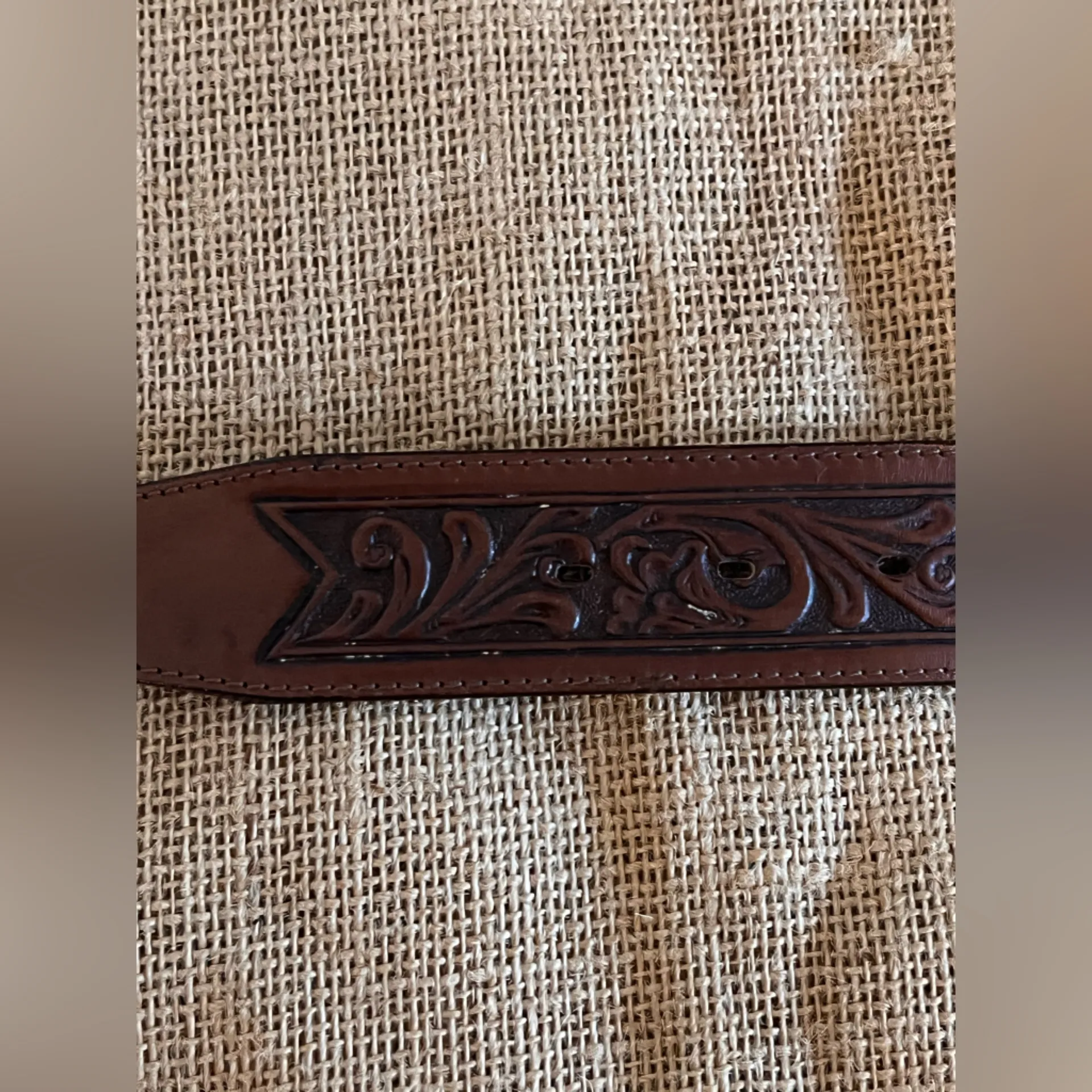 Justin Brown Tooled Cowhide Leather Concho Coin Belt Silver Buckle western 32 in - Image 9
