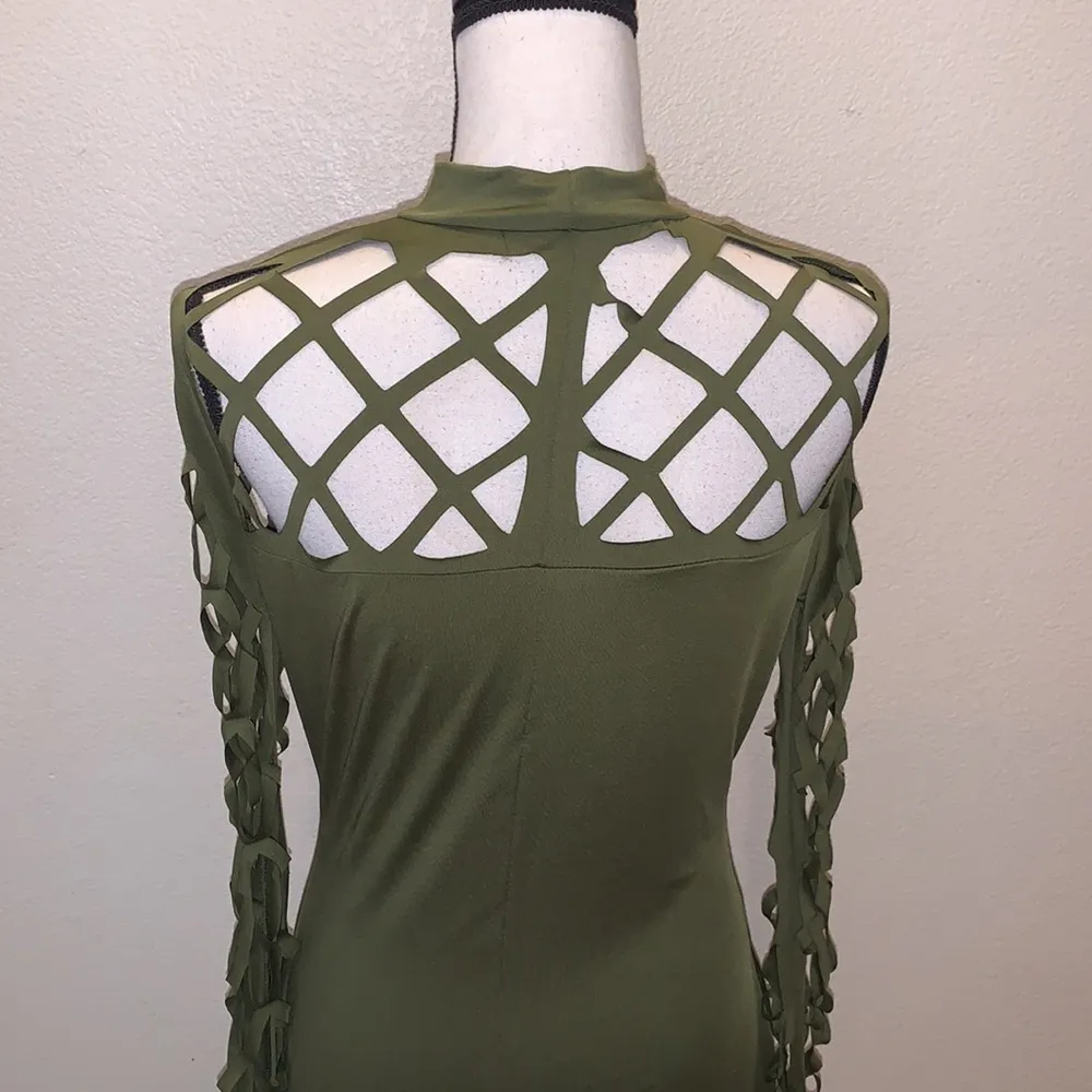 AMiERY Women's Hollow Out Dress Bandage Clubwear Long Sleeve Bodycon Dress Green Size XL - Image 8