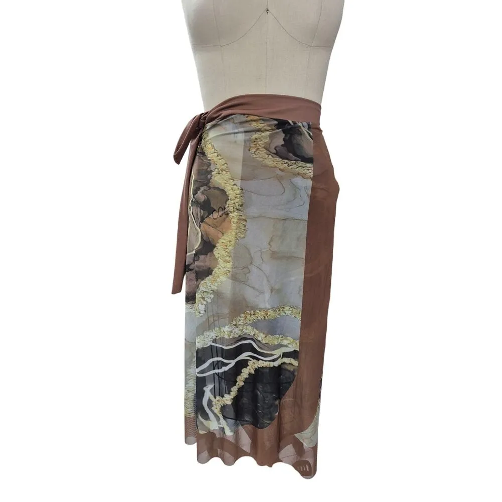 NWOT 1PC Bathing Suit+ Long Sarong Cover Up Set Brown/Gold Marble Sz XL Brown - Image 7