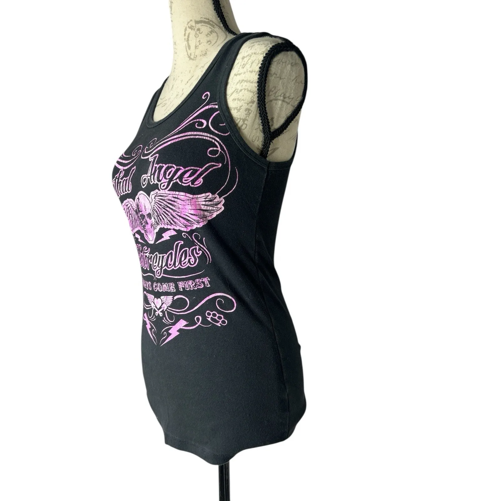 Lethal Angel I Come First Motorcycles Biker Punk Wings‎ Beater Tank Top L Black Size L - Image 3